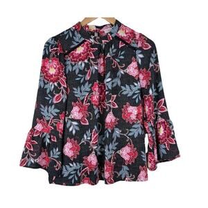 Loft Blouse XS NEW black red floral dotted high neck bell sleeve tropical beach